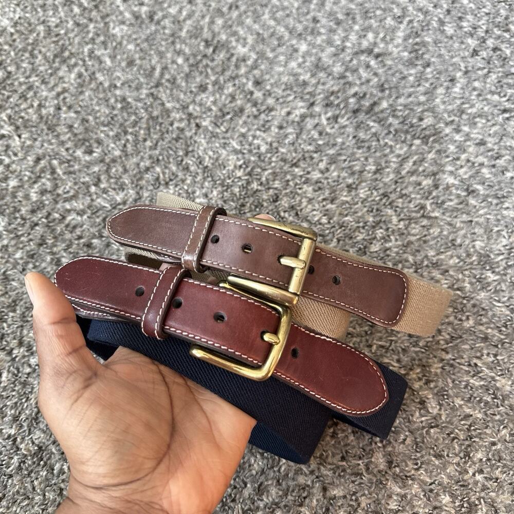 L.L. Bean Belt Men 42 Canvas Web Leather Trim Belt Brass Buckle 2 Lots Navy Tan